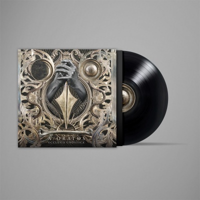Disco de vinil com capa decorativa em tons dourados e prateados com mãos e texto