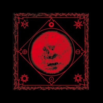 Desenho em preto e vermelho com esfera central e símbolos geométricos e místicos