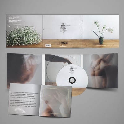 Pack álbum musical com capa, encarte e CD com design minimalista e imagens desfocadas
