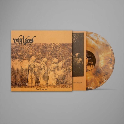 Vinil marmoreado com capa laranja e ilustração preta de figuras com capuzes