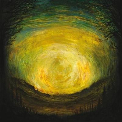 Pintura de céu estrelado com silhuetas de árvores e tons amarelo, verde e azul.