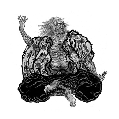 Ilustração a preto e branco de homem idoso sentado com roupa folgada e padrão floral