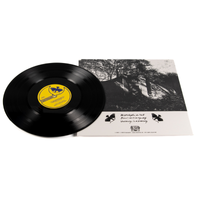 Disco de vinil preto com etiqueta amarela e capa com foto a preto e branco de árvores e construção.