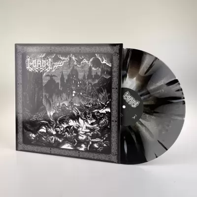 Disco de vinil preto e cinza marmoreado com capa em preto e branco com arte sombria