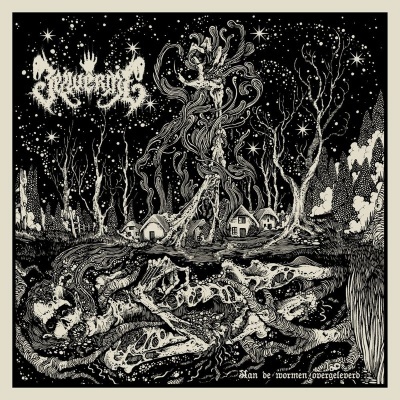 Ilustração preta e branca de árvore, casas pequenas, figuras humanas e esqueletos com texto em fundo escuro