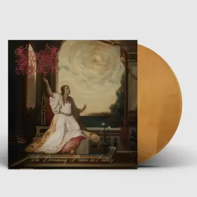 Vinil dourado com capa ilustrada de mulher em vestido branco e fundo de céu nublado
