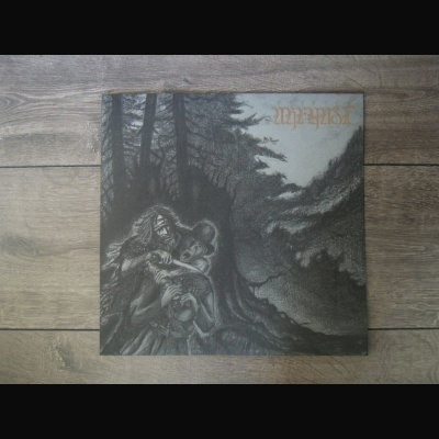 Capa de disco vinil com ilustração em tons cinza e texto dourado