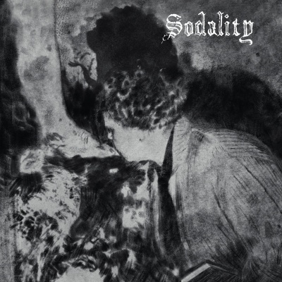 Capa de álbum com imagem obscura em preto e branco e texto gótico Sodality