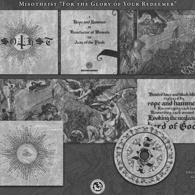 Digipak CD preto e branco com ilustrações e texto 'MISOTHEIST FOR THE GLORY OF YOUR REDEEMER'