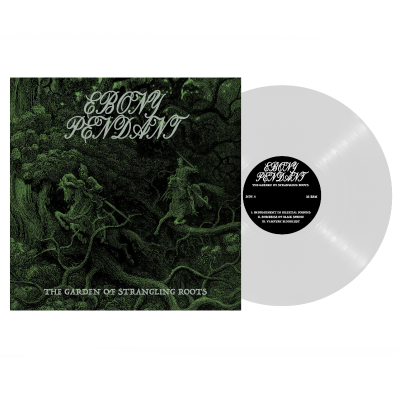 Disco de vinil transparente com capa verde escura e texto branco