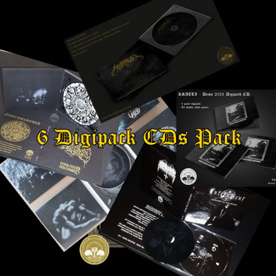 Pacote de 6Digipack CDs com design preto e dourado e imagens monocromáticas
