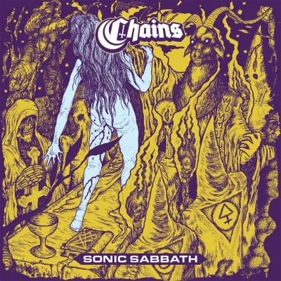 Capa de álbum roxa e amarela com figuras e símbolos ocultos, texto Chains e SONIC SABBATH