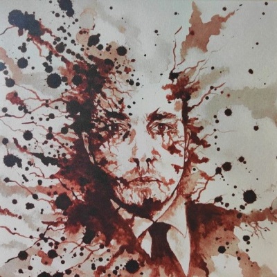 Retrato abstrato de homem com fato e gravata em tinta castanha e preta