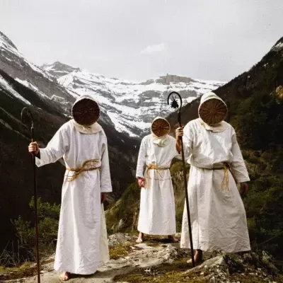 Três pessoas com vestes brancas e máscaras de palha em montanha nevada