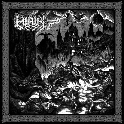 Arte de capa de álbum preto e branco com castelo, criaturas demoníacas e texto Kalligraph