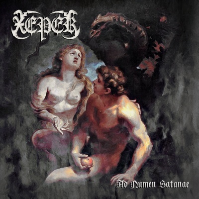 Capa de álbum com homem e mulher nus, dragão ao fundo e texto 'Xeper' e 'Ad Numen Satanae'.