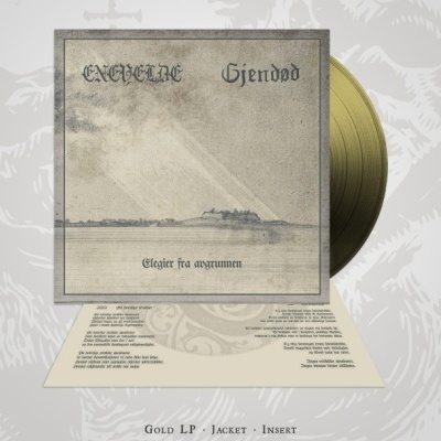 Disco de vinil dourado com capa cinzenta e papel com texto impresso