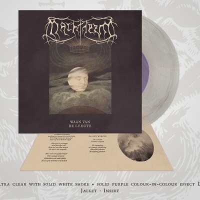 Disco de vinil LP com capa preta e inserto de papel beige com texto