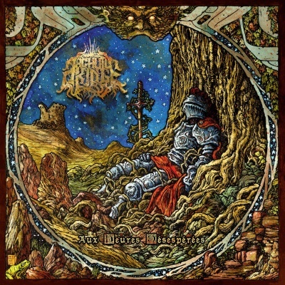 Cavaleiro em armadura e capa sentado junto a árvore sob céu estrelado com texto Aux Meures Désespérées