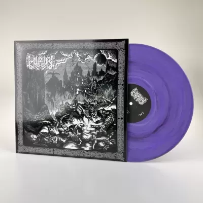 Disco de vinil roxo com capa preta e branca de fantasia sombria