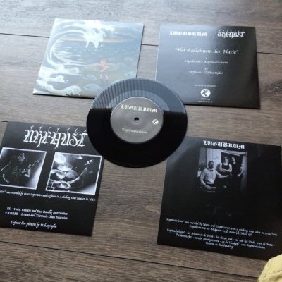 Vinil preto com capa e folhas suplementares com textos e imagens em preto e branco sobre piso de madeira escura.