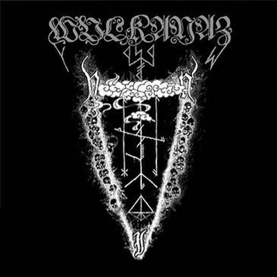 Estampa gráfica monocromática com símbolos e texto estilizado em fundo preto