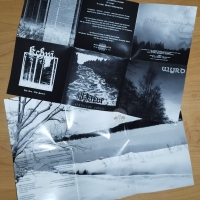 Folheto preto e branco com fotos de natureza e texto, sobre mesa de madeira