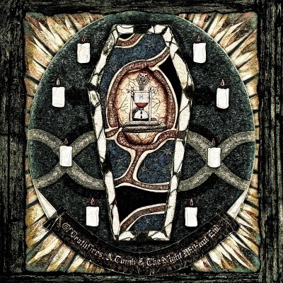 Desenho estilizado de um caixão com serpente, velas e ampulheta num fundo escuro com texto em inglês.