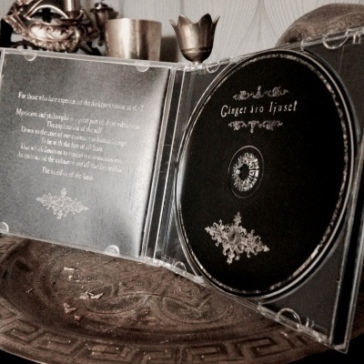 Caixa de CD preta aberta com disco preto e texto Ginger to lisset num prato decorativo metálico com padrão geométrico e objetos metálicos ao fundo.