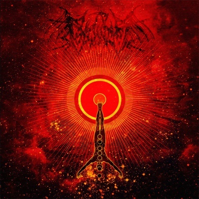 Imagem abstrata vermelha e preta com figura humana estilizada e círculos concêntricos