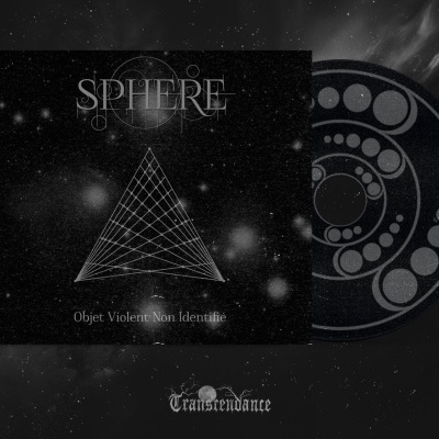 Capa de CD e CD preto com padrões geométricos e texto