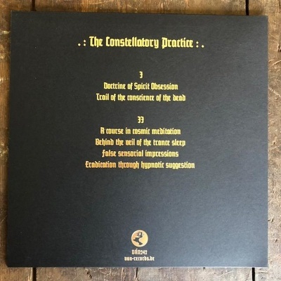 Capa preta com texto dourado de um álbum ou livro intitulado The Constellatory Practice