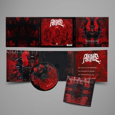 Álbum musical em tons vermelhos e pretos com texto e arte sombria