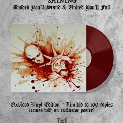 Vinil oxblood com capa ilustrada de dois crânios e sangue, texto do álbum e edição limitada