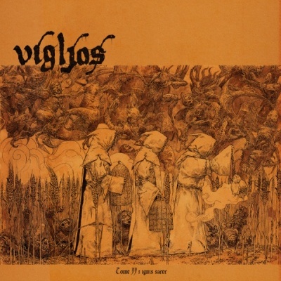 Capa de álbum laranja com figuras encapuzadas e criaturas demoníacas desenhadas à mão