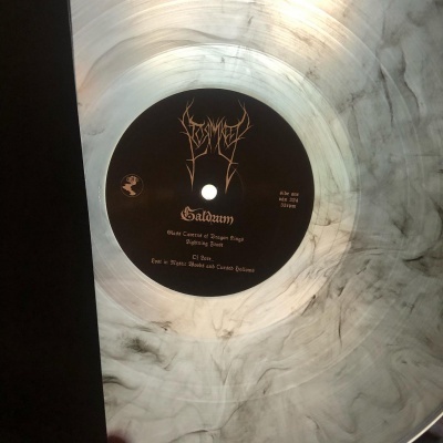 Vinil transparente com padrão mármore cinza e branco e etiqueta preta com texto dourado