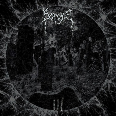 Cemitério antigo em preto e branco com logotipo e número romano III