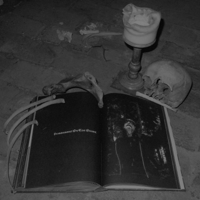 Livro aberto em preto e branco junto a crânio, ossos e castiçal com vela derretida