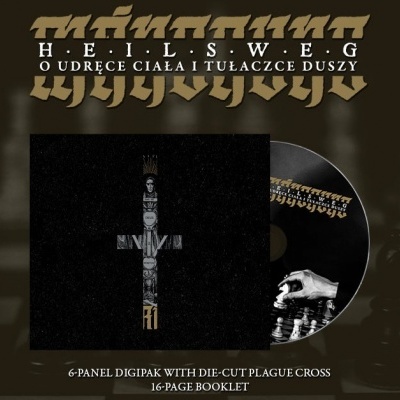 Capa de álbum digipak com cruz recortada e disco preto com ilustração de mão