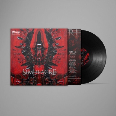 Disco de vinil preto com capa vermelha e preta abstrata e encarte visível