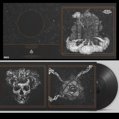 Capa de vinil preta com ilustrações em branco e moldura laranja