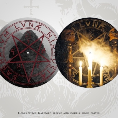 Duas capas de vinil redondas com desenhos ocultistas em preto, vermelho e dourado