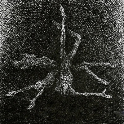 Figura humana invertida em preto e branco com textura pontilhada