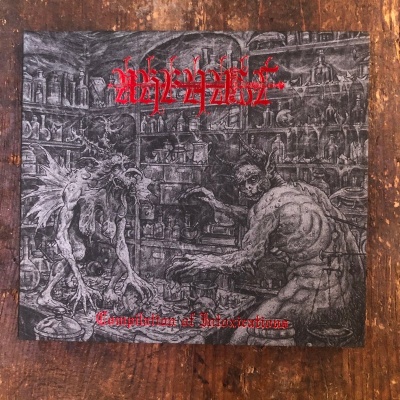 Capa de álbum musical com figuras grotescas e texto vermelho