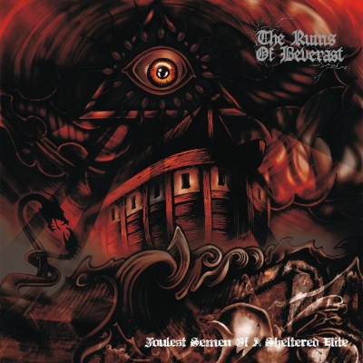 Capa de álbum com olho, fogo, correntes e navio em tons vermelhos e pretos, texto The Ruins Of Beverast