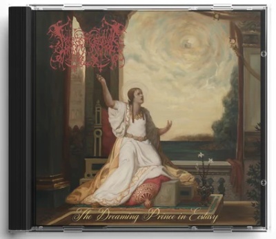 Capa de CD com ilustração de mulher vestida de branco sentada sob céu nublado e texto em dourado e vermelho