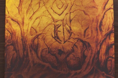 Quadro artístico em tons castanhos e laranja com formas orgânicas semelhantes a troncos e raízes