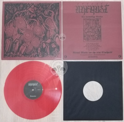 Disco de vinil vermelho com capa rosa e ilustrações e texto em preto
