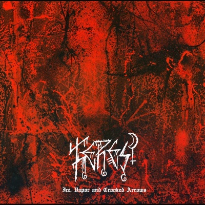 Capa de álbum vermelho e negro com texto branco decorativo