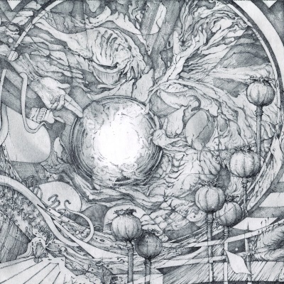 Ilustração a preto e branco com formas orgânicas abstratas e elementos iluminados